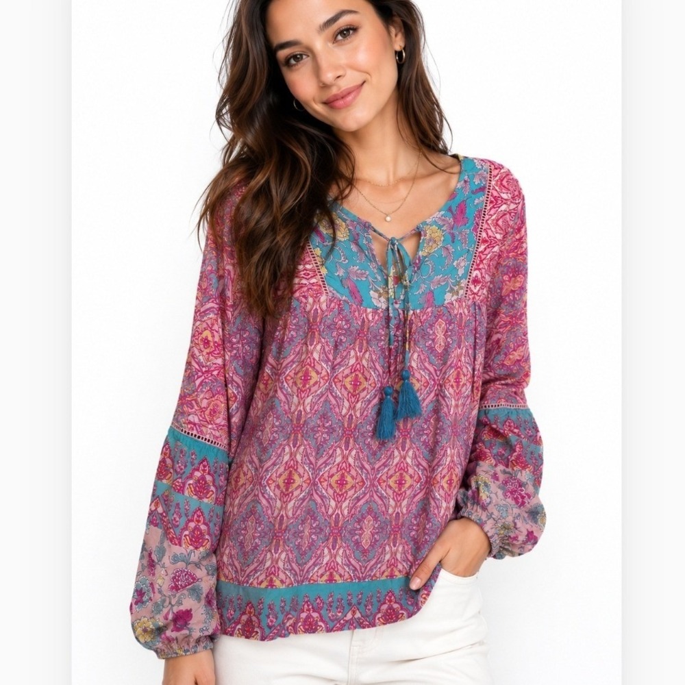 Grace + Karma Pink Paisley Floral Boho Peasant Blouse Tassel Tie Small